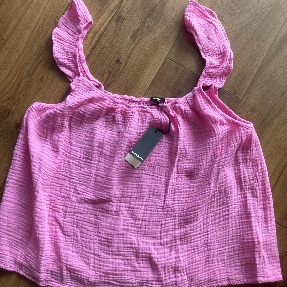 Monrow Pink Crinkle Gauze Ruffle Tank Top NWT